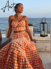Aiertu  Gingham Print Off Shoulder Sexy Front Cut Out Summer Dress Long Elegant Plaid Vintage Strapless Beach Dress Sleeveless Aiertu