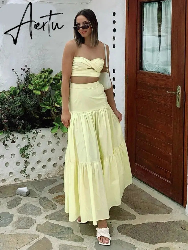 Aiertu  Gingham Print Off Shoulder Sexy Front Cut Out Summer Dress Long Elegant Plaid Vintage Strapless Beach Dress Sleeveless Aiertu