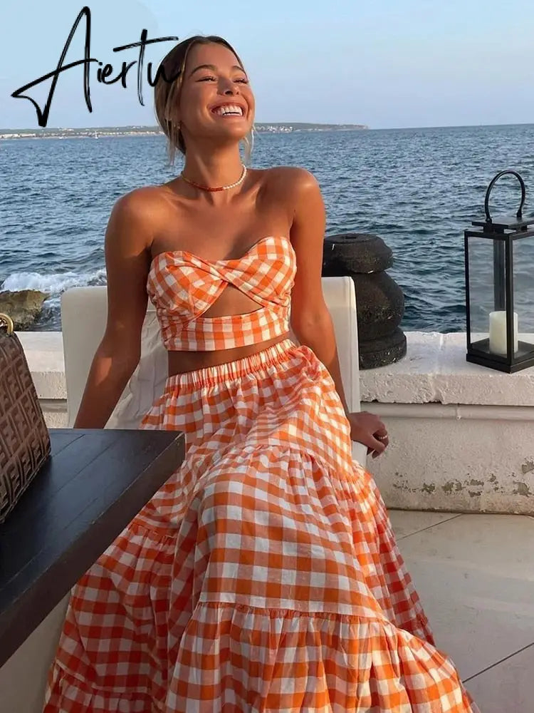 Aiertu  Gingham Print Off Shoulder Sexy Front Cut Out Summer Dress Long Elegant Plaid Vintage Strapless Beach Dress Sleeveless Aiertu