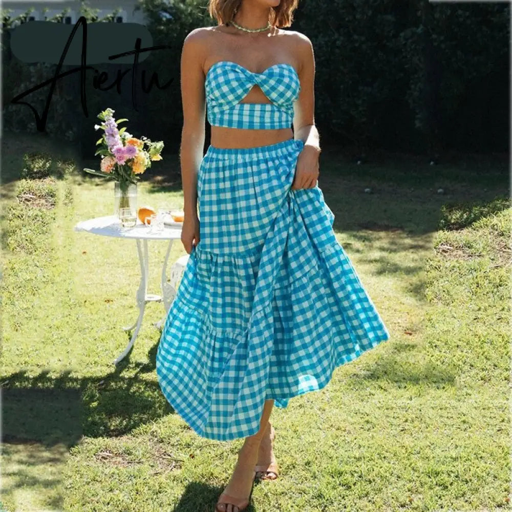 Aiertu  Gingham Print Off Shoulder Sexy Front Cut Out Summer Dress Long Elegant Plaid Vintage Strapless Beach Dress Sleeveless Aiertu