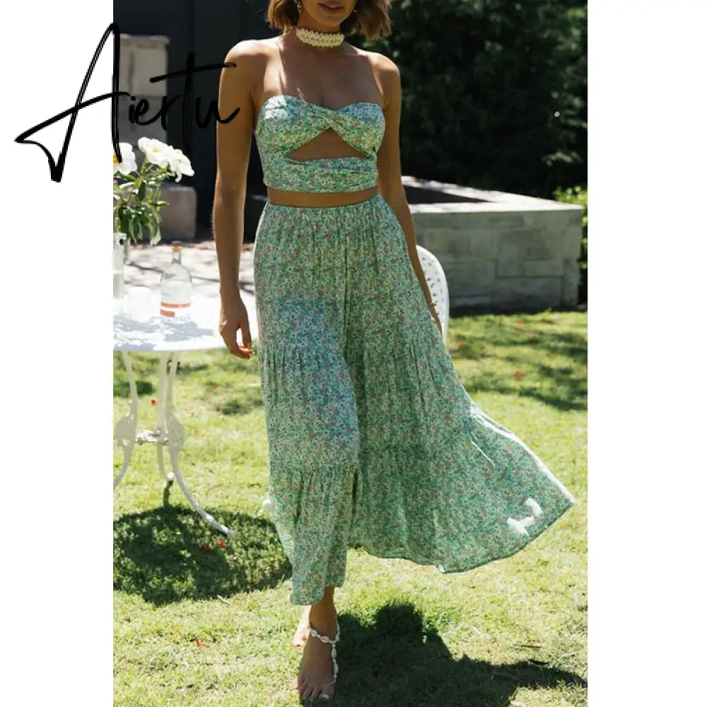 Aiertu  Gingham Print Off Shoulder Sexy Front Cut Out Summer Dress Long Elegant Plaid Vintage Strapless Beach Dress Sleeveless Aiertu