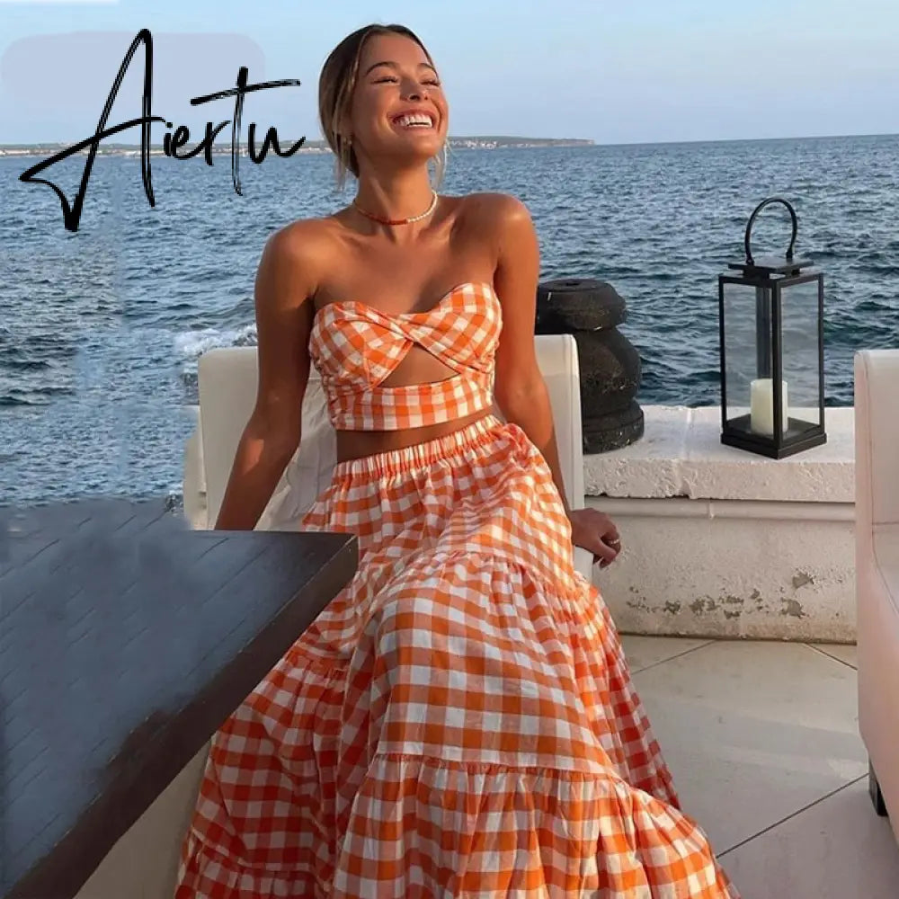 Aiertu  Gingham Print Off Shoulder Sexy Front Cut Out Summer Dress Long Elegant Plaid Vintage Strapless Beach Dress Sleeveless Aiertu