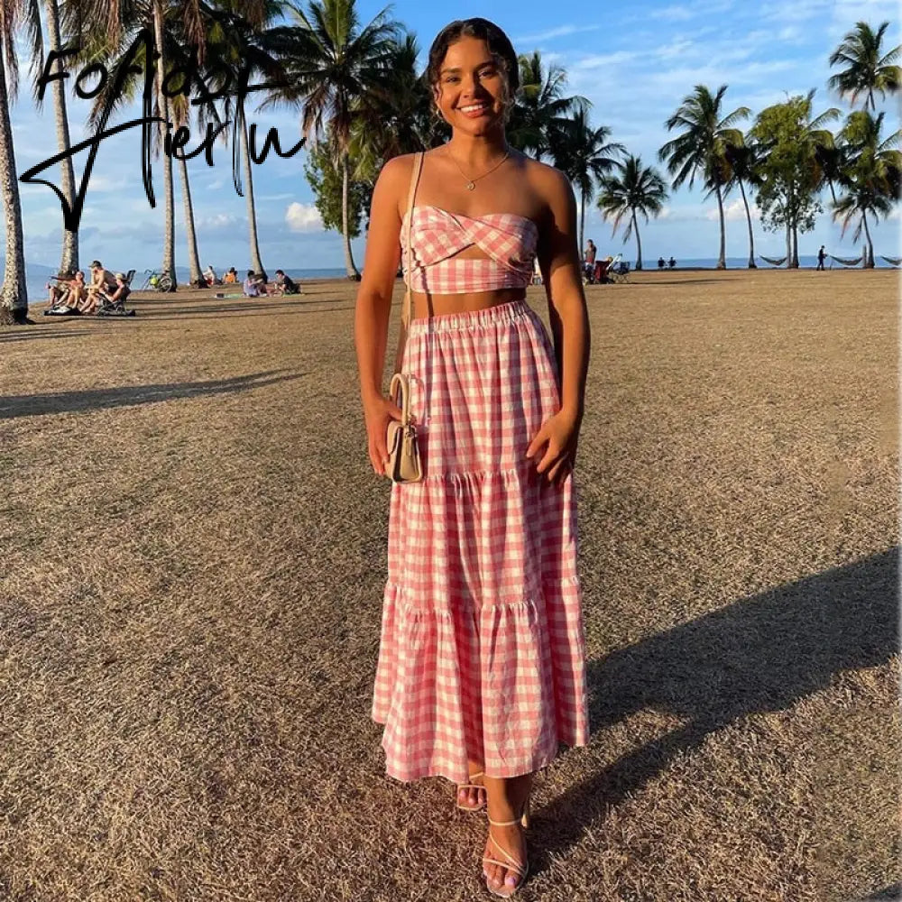 Aiertu  Gingham Print Off Shoulder Sexy Front Cut Out Summer Dress Long Elegant Plaid Vintage Strapless Beach Dress Sleeveless Aiertu