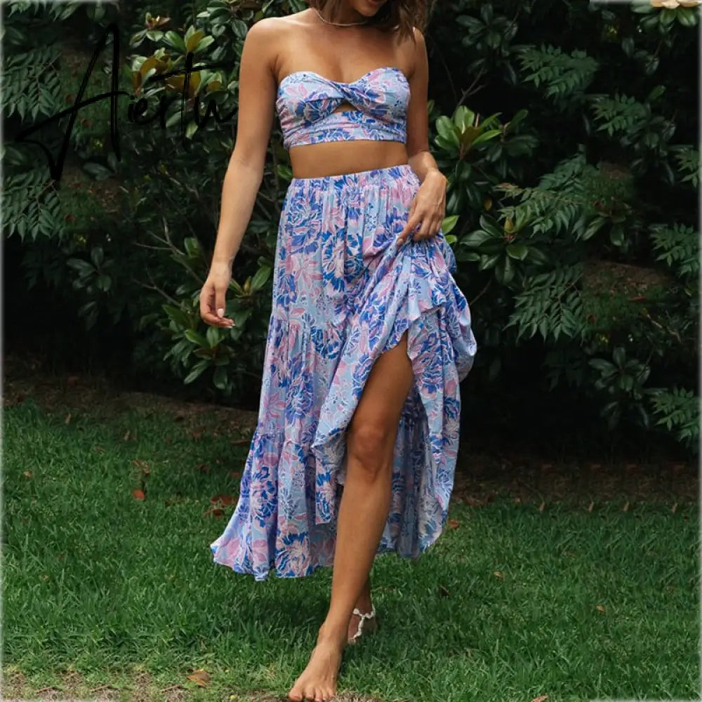 Aiertu  Gingham Print Off Shoulder Sexy Front Cut Out Summer Dress Long Elegant Plaid Vintage Strapless Beach Dress Sleeveless Aiertu