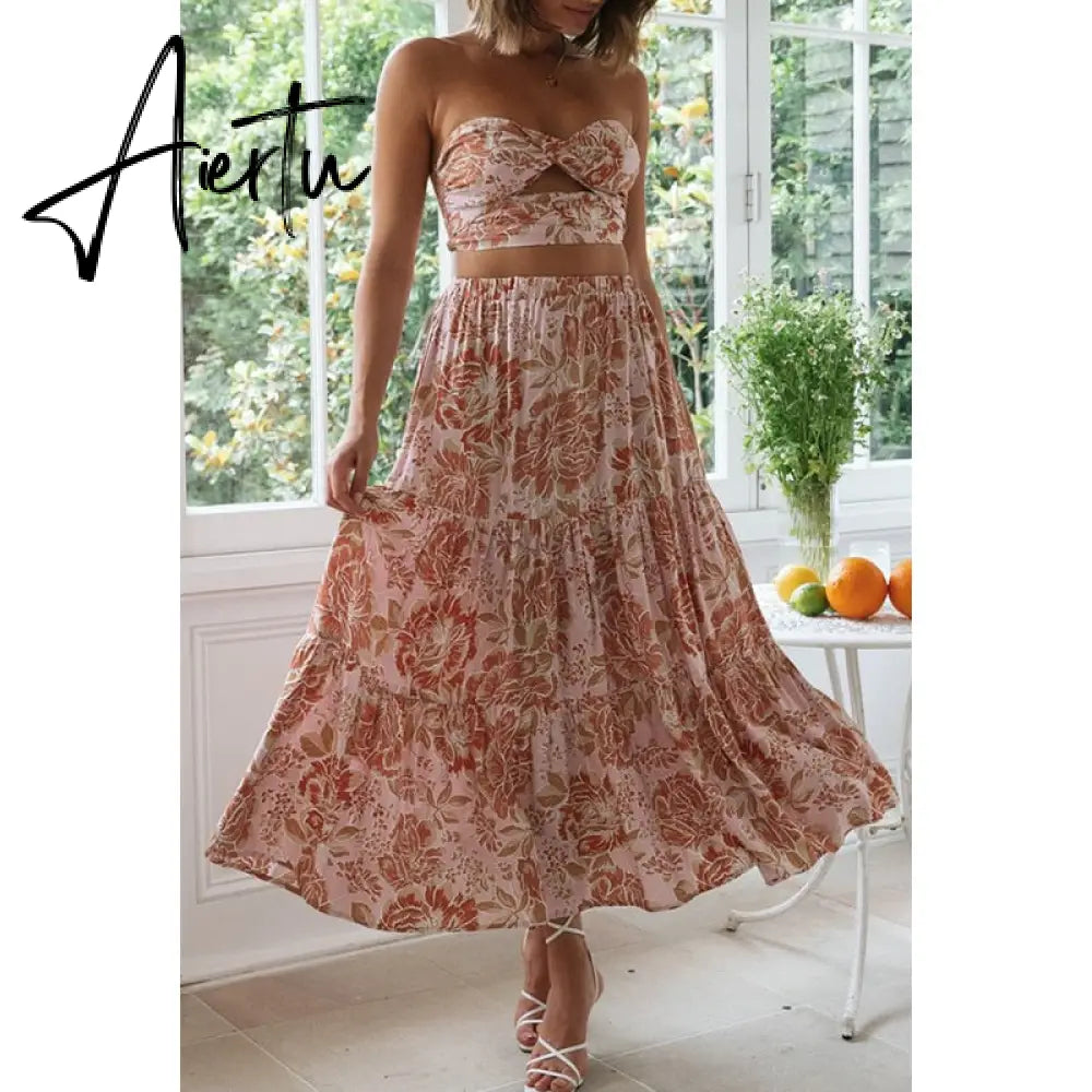 Aiertu  Gingham Print Off Shoulder Sexy Front Cut Out Summer Dress Long Elegant Plaid Vintage Strapless Beach Dress Sleeveless Aiertu