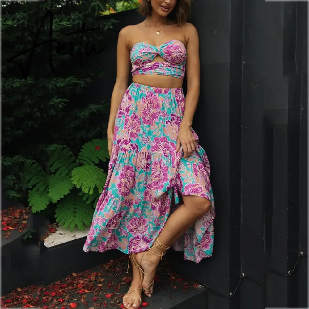 Aiertu  Gingham Print Off Shoulder Sexy Front Cut Out Summer Dress Long Elegant Plaid Vintage Strapless Beach Dress Sleeveless Aiertu