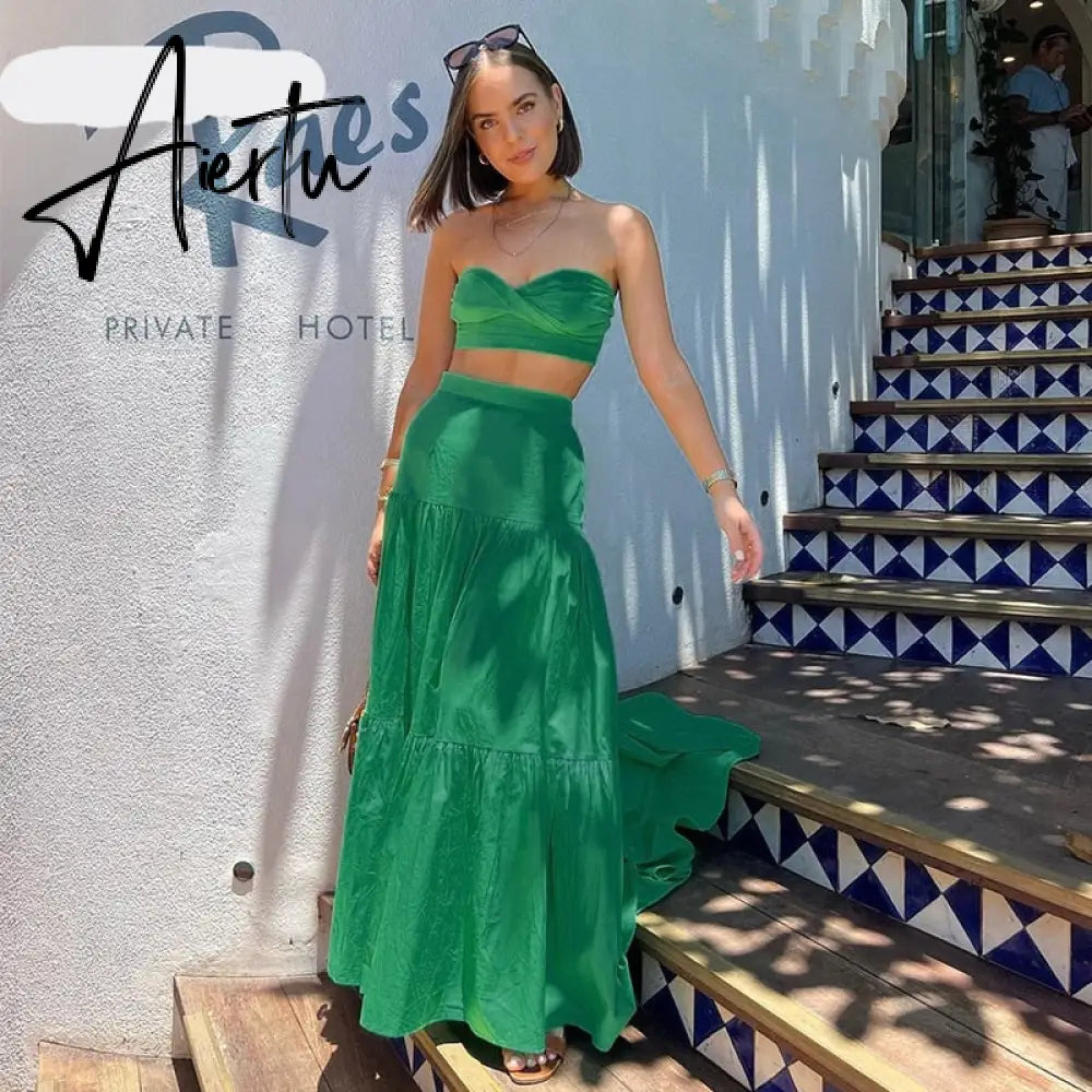 Aiertu  Gingham Print Off Shoulder Sexy Front Cut Out Summer Dress Long Elegant Plaid Vintage Strapless Beach Dress Sleeveless Aiertu