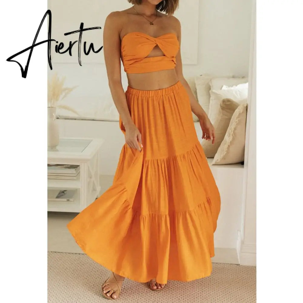 Aiertu  Gingham Print Off Shoulder Sexy Front Cut Out Summer Dress Long Elegant Plaid Vintage Strapless Beach Dress Sleeveless Aiertu