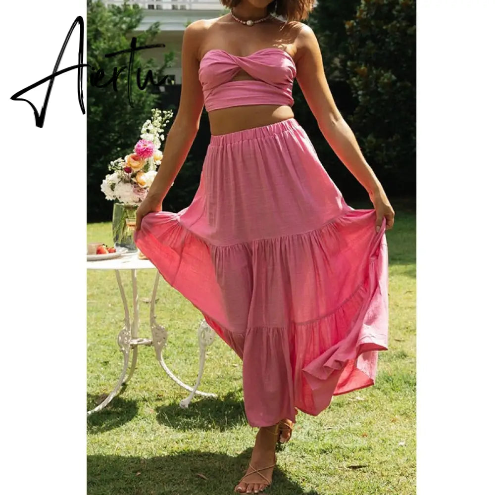 Aiertu  Gingham Print Off Shoulder Sexy Front Cut Out Summer Dress Long Elegant Plaid Vintage Strapless Beach Dress Sleeveless Aiertu