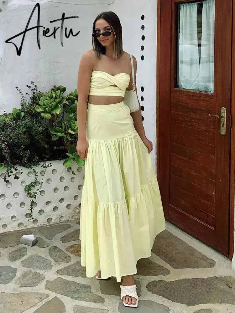 Aiertu  Gingham Print Off Shoulder Sexy Front Cut Out Summer Dress Long Elegant Plaid Vintage Strapless Beach Dress Sleeveless Aiertu