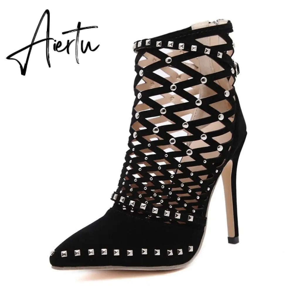 Aiertu Gladiator Roman Sandals Summer Rivet Studded Cut Out Caged Ankle Boots Stiletto High Heel Women Sexy Shoes Pumps Aiertu