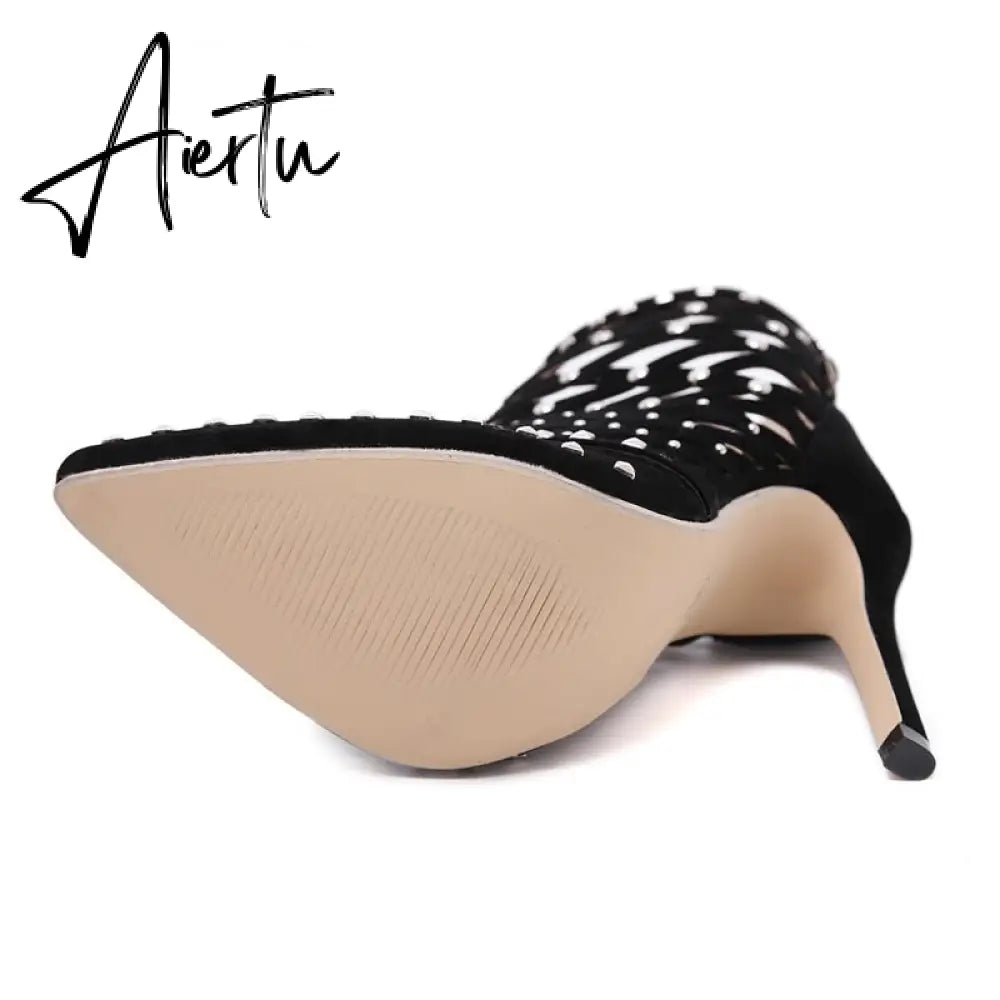 Aiertu Gladiator Roman Sandals Summer Rivet Studded Cut Out Caged Ankle Boots Stiletto High Heel Women Sexy Shoes Pumps Aiertu