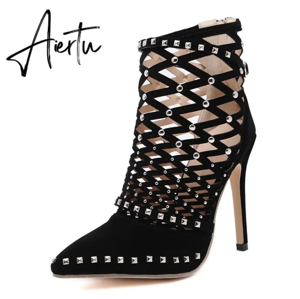 Aiertu Gladiator Roman Sandals Summer Rivet Studded Cut Out Caged Ankle Boots Stiletto High Heel Women Sexy Shoes Pumps Aiertu