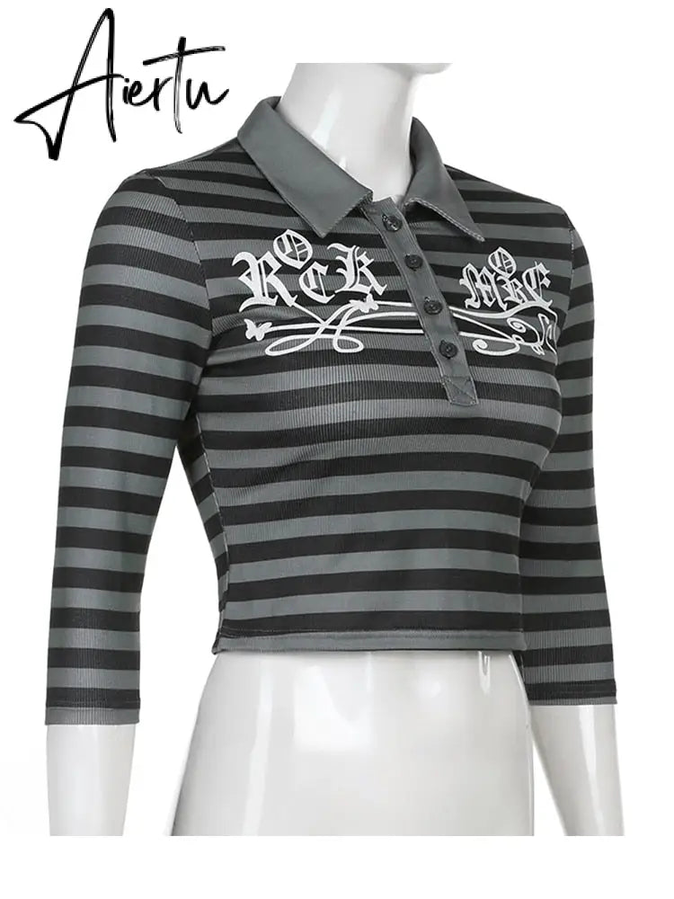 Aiertu Goth Print Tops Stripe Cute Y2K T-Shirts Dark Academia Techwear Button Up V Neck Half Sleeve Sweat Shirts Grunge Tees Aiertu