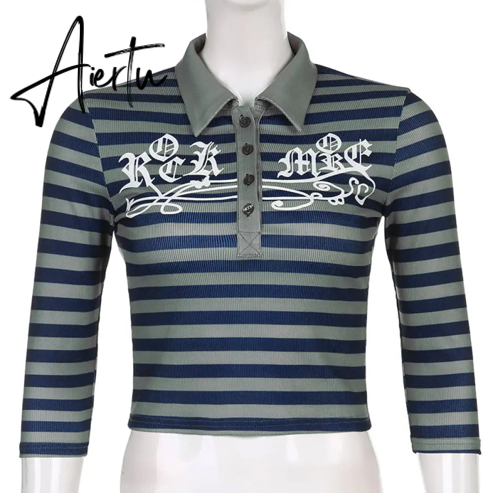 Aiertu Goth Print Tops Stripe Cute Y2K T-Shirts Dark Academia Techwear Button Up V Neck Half Sleeve Sweat Shirts Grunge Tees Aiertu