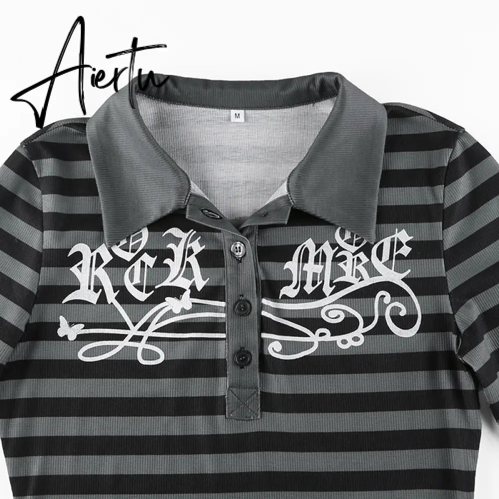 Aiertu Goth Print Tops Stripe Cute Y2K T-Shirts Dark Academia Techwear Button Up V Neck Half Sleeve Sweat Shirts Grunge Tees Aiertu