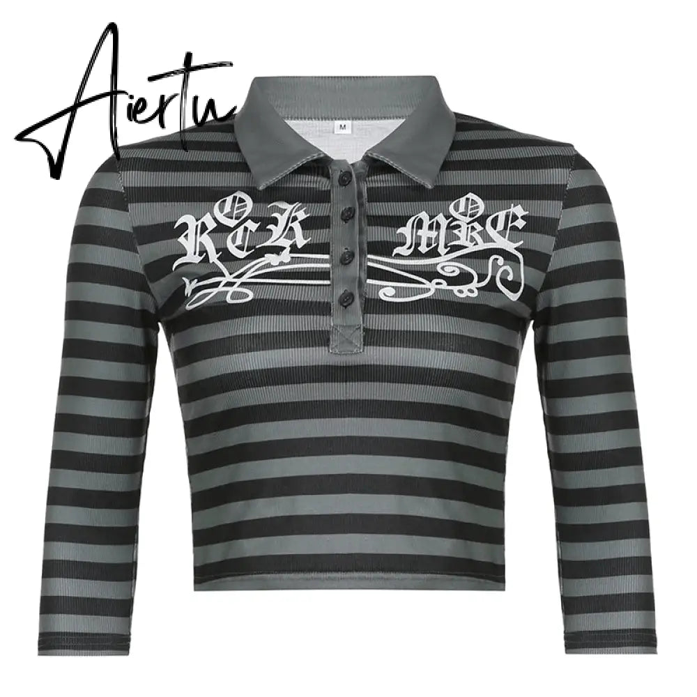 Aiertu Goth Print Tops Stripe Cute Y2K T-Shirts Dark Academia Techwear Button Up V Neck Half Sleeve Sweat Shirts Grunge Tees Aiertu