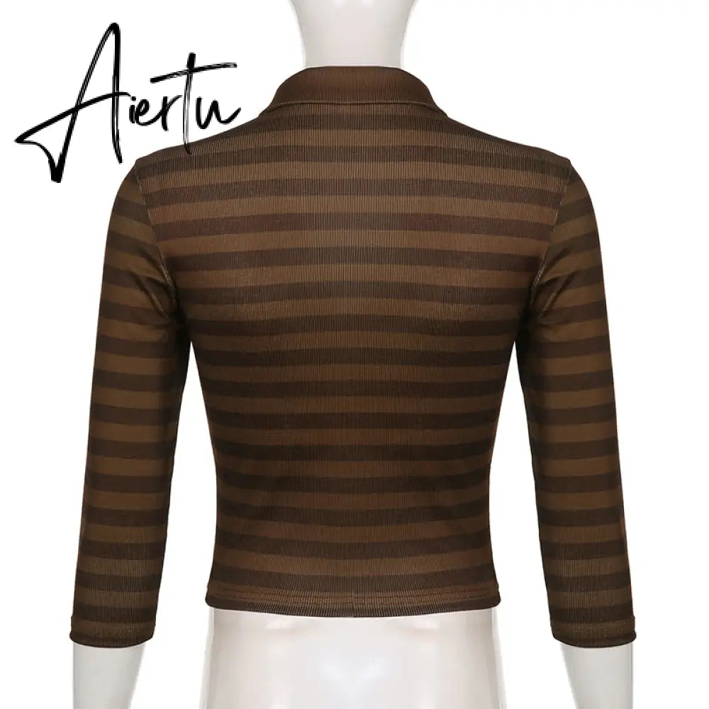 Aiertu Goth Print Tops Stripe Cute Y2K T-Shirts Dark Academia Techwear Button Up V Neck Half Sleeve Sweat Shirts Grunge Tees Aiertu