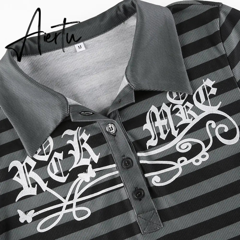 Aiertu Goth Print Tops Stripe Cute Y2K T-Shirts Dark Academia Techwear Button Up V Neck Half Sleeve Sweat Shirts Grunge Tees Aiertu