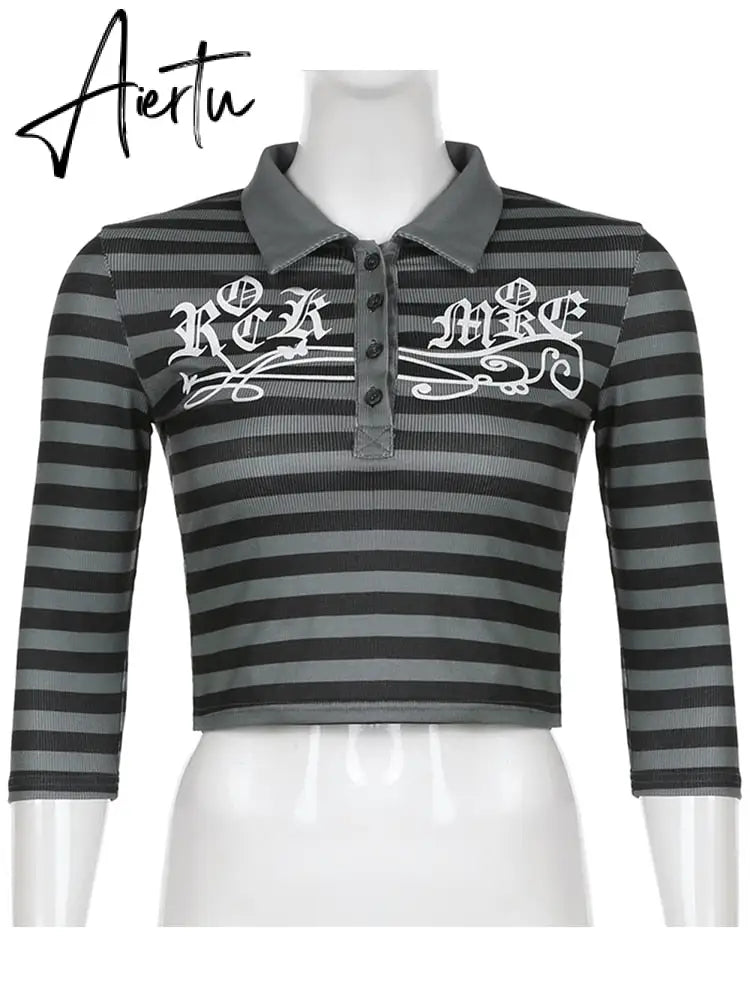Aiertu Goth Print Tops Stripe Cute Y2K T-Shirts Dark Academia Techwear Button Up V Neck Half Sleeve Sweat Shirts Grunge Tees Aiertu