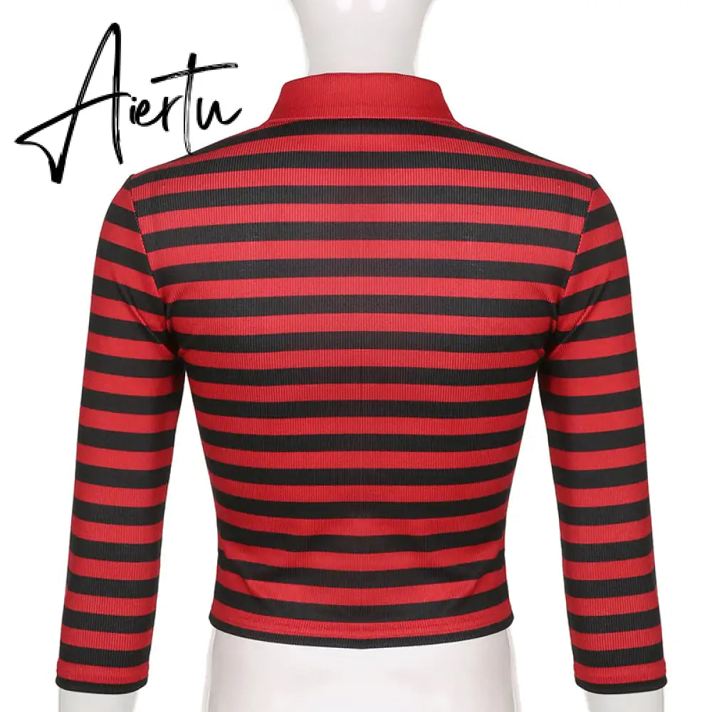 Aiertu Goth Print Tops Stripe Cute Y2K T-Shirts Dark Academia Techwear Button Up V Neck Half Sleeve Sweat Shirts Grunge Tees Aiertu