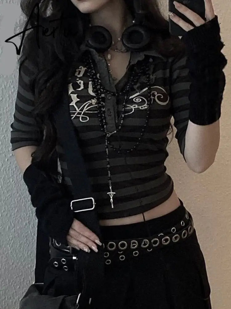 Aiertu Goth Print Tops Stripe Cute Y2K T-Shirts Dark Academia Techwear Button Up V Neck Half Sleeve Sweat Shirts Grunge Tees Aiertu