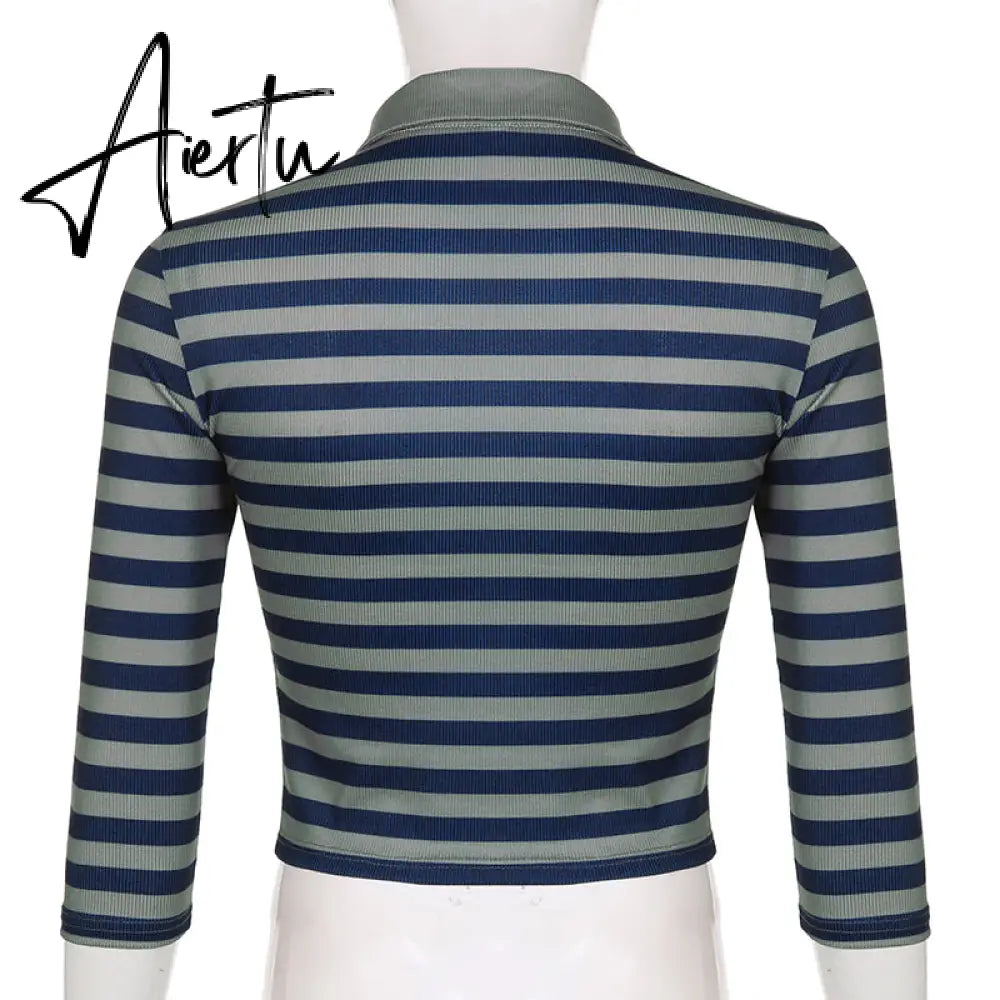 Aiertu Goth Print Tops Stripe Cute Y2K T-Shirts Dark Academia Techwear Button Up V Neck Half Sleeve Sweat Shirts Grunge Tees Aiertu