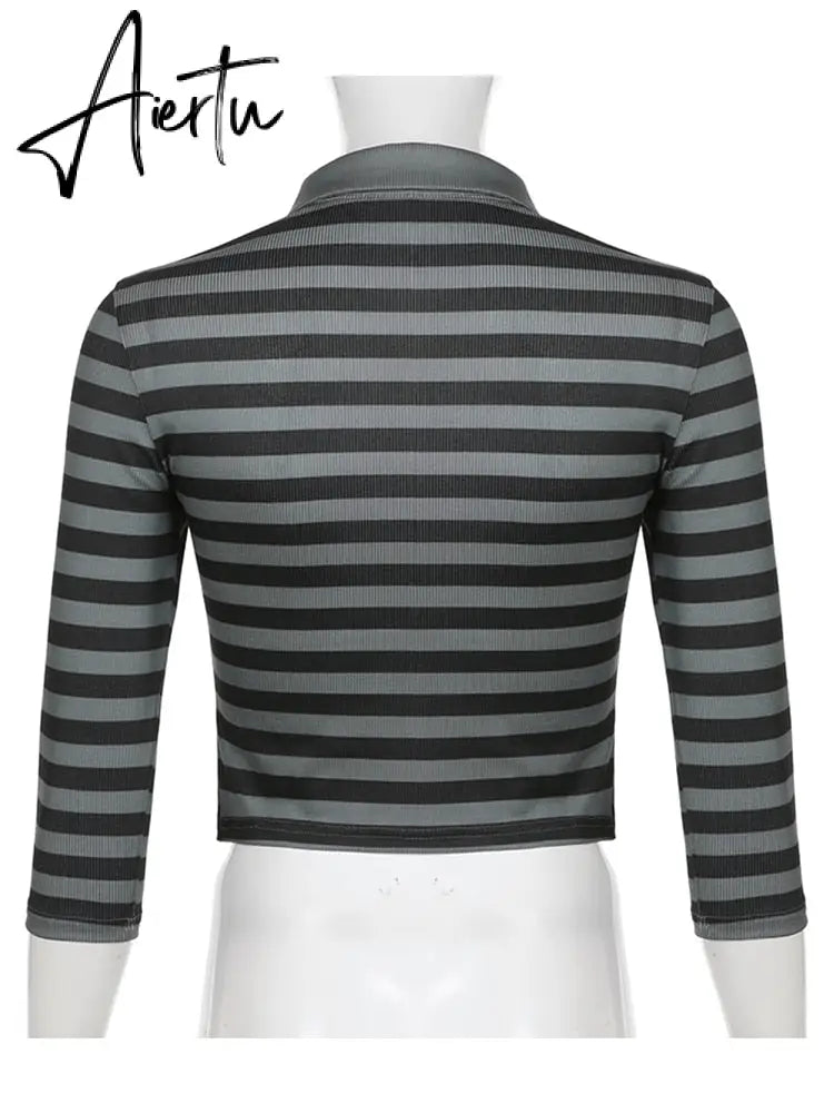 Aiertu Goth Print Tops Stripe Cute Y2K T-Shirts Dark Academia Techwear Button Up V Neck Half Sleeve Sweat Shirts Grunge Tees Aiertu