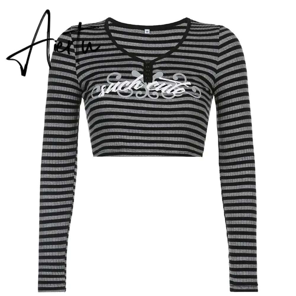 Aiertu Goth Print Tops Stripe Cute Y2K T-Shirts Dark Academia Techwear Button Up V Neck Half Sleeve Sweat Shirts Grunge Tees Aiertu