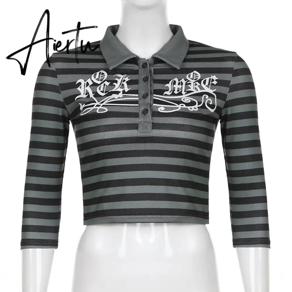 Aiertu Goth Print Tops Stripe Cute Y2K T-Shirts Dark Academia Techwear Button Up V Neck Half Sleeve Sweat Shirts Grunge Tees Aiertu