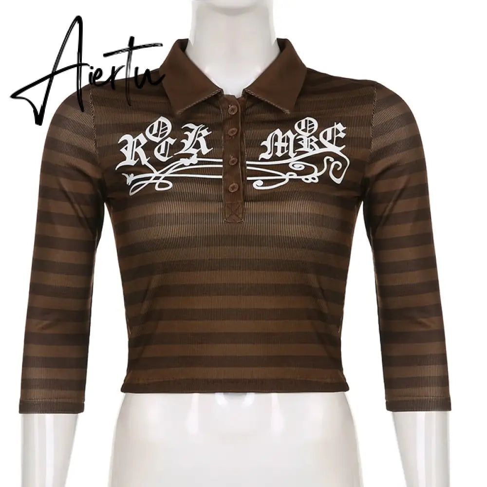 Aiertu Goth Print Tops Stripe Cute Y2K T-Shirts Dark Academia Techwear Button Up V Neck Half Sleeve Sweat Shirts Grunge Tees Aiertu