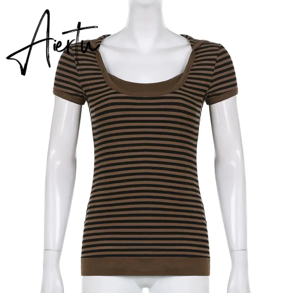 Aiertu Goth Print Tops Stripe Cute Y2K T-Shirts Dark Academia Techwear Button Up V Neck Half Sleeve Sweat Shirts Grunge Tees Aiertu