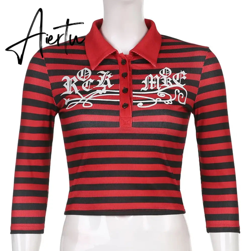 Aiertu Goth Print Tops Stripe Cute Y2K T-Shirts Dark Academia Techwear Button Up V Neck Half Sleeve Sweat Shirts Grunge Tees Aiertu