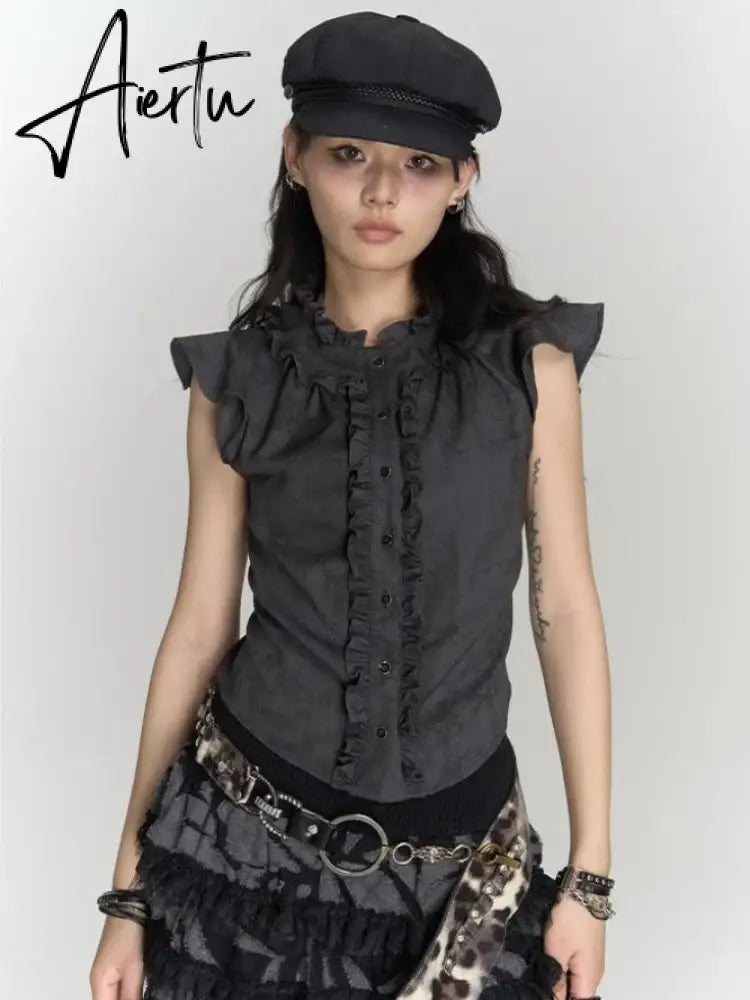 Aiertu Gothic Punk Vintage T Shirts Women Korean Style Harajuku Streetwear Patchwork Ruffled Sleeveless Slim Tees Top 2024 Chic Aiertu