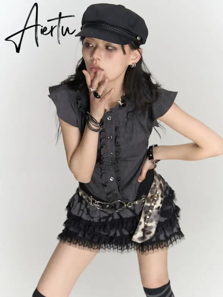 Aiertu Gothic Punk Vintage T Shirts Women Korean Style Harajuku Streetwear Patchwork Ruffled Sleeveless Slim Tees Top 2024 Chic Aiertu