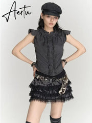 Aiertu Gothic Punk Vintage T Shirts Women Korean Style Harajuku Streetwear Patchwork Ruffled Sleeveless Slim Tees Top 2024 Chic Aiertu