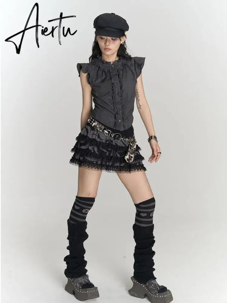 Aiertu Gothic Punk Vintage T Shirts Women Korean Style Harajuku Streetwear Patchwork Ruffled Sleeveless Slim Tees Top 2024 Chic Aiertu