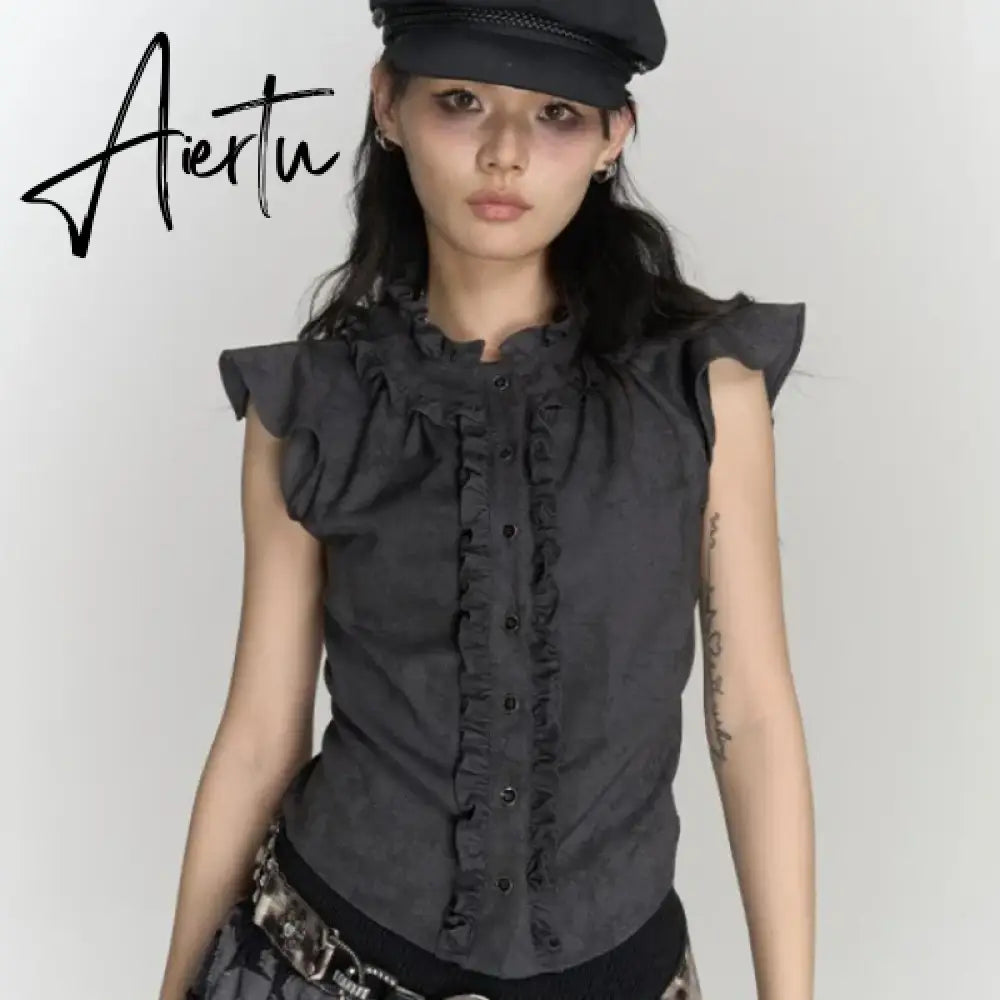 Aiertu Gothic Punk Vintage T Shirts Women Korean Style Harajuku Streetwear Patchwork Ruffled Sleeveless Slim Tees Top 2024 Chic Aiertu