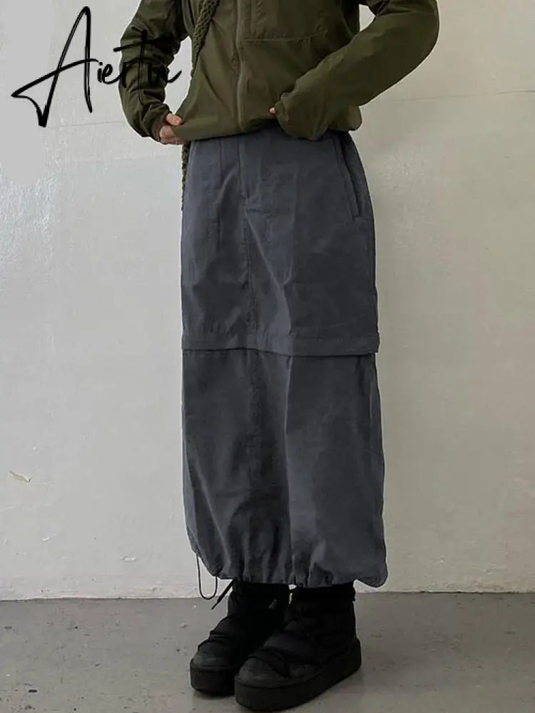 Aiertu Gray Casual Baggy Loose Size Cargo Skirts Womens Big Pockets Streetwear Drawstring Hem Low Waist Hippie Long Skirt Y2K Aiertu