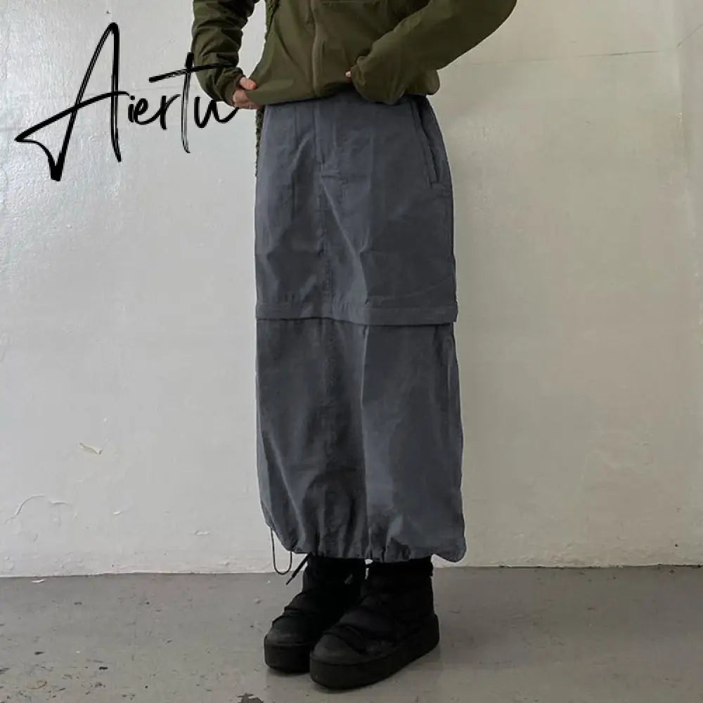 Aiertu Gray Casual Baggy Loose Size Cargo Skirts Womens Big Pockets Streetwear Drawstring Hem Low Waist Hippie Long Skirt Y2K Aiertu