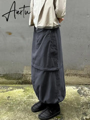 Aiertu Gray Casual Baggy Loose Size Cargo Skirts Womens Big Pockets Streetwear Drawstring Hem Low Waist Hippie Long Skirt Y2K Aiertu