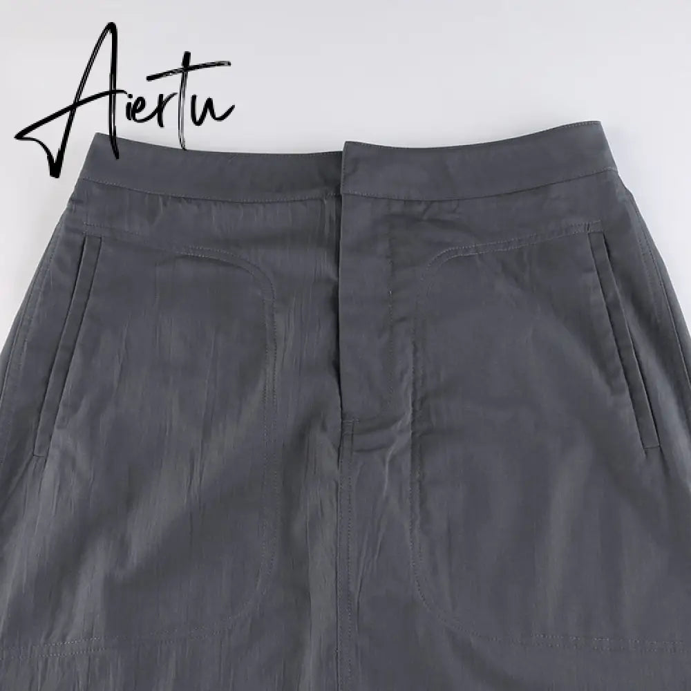 Aiertu Gray Casual Baggy Loose Size Cargo Skirts Womens Big Pockets Streetwear Drawstring Hem Low Waist Hippie Long Skirt Y2K Aiertu