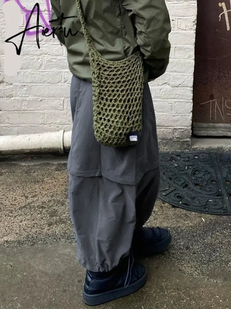 Aiertu Gray Casual Baggy Loose Size Cargo Skirts Womens Big Pockets Streetwear Drawstring Hem Low Waist Hippie Long Skirt Y2K Aiertu