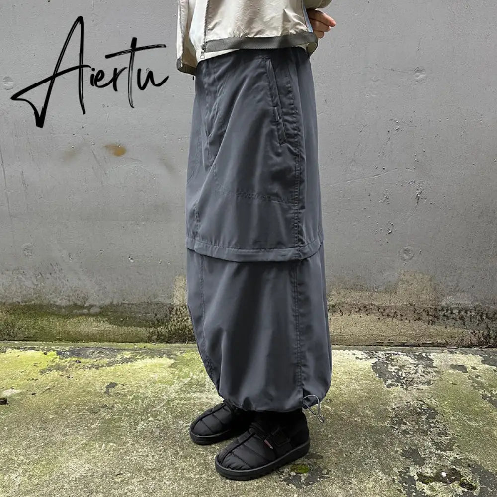 Aiertu Gray Casual Baggy Loose Size Cargo Skirts Womens Big Pockets Streetwear Drawstring Hem Low Waist Hippie Long Skirt Y2K Aiertu