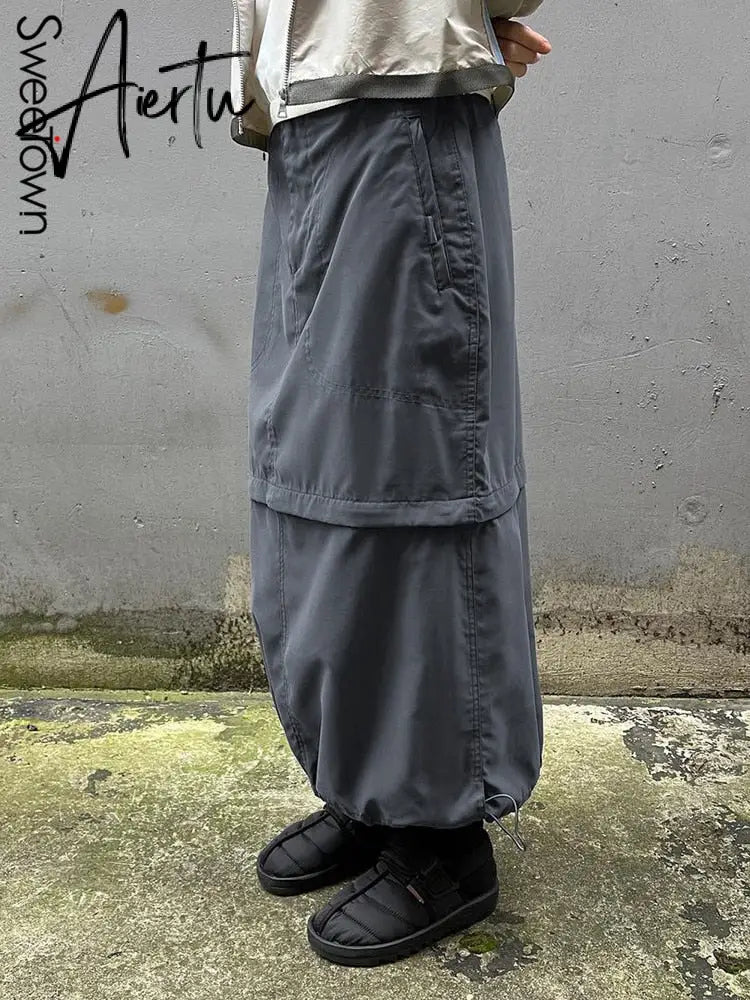 Aiertu Gray Casual Baggy Loose Size Cargo Skirts Womens Big Pockets Streetwear Drawstring Hem Low Waist Hippie Long Skirt Y2K Aiertu