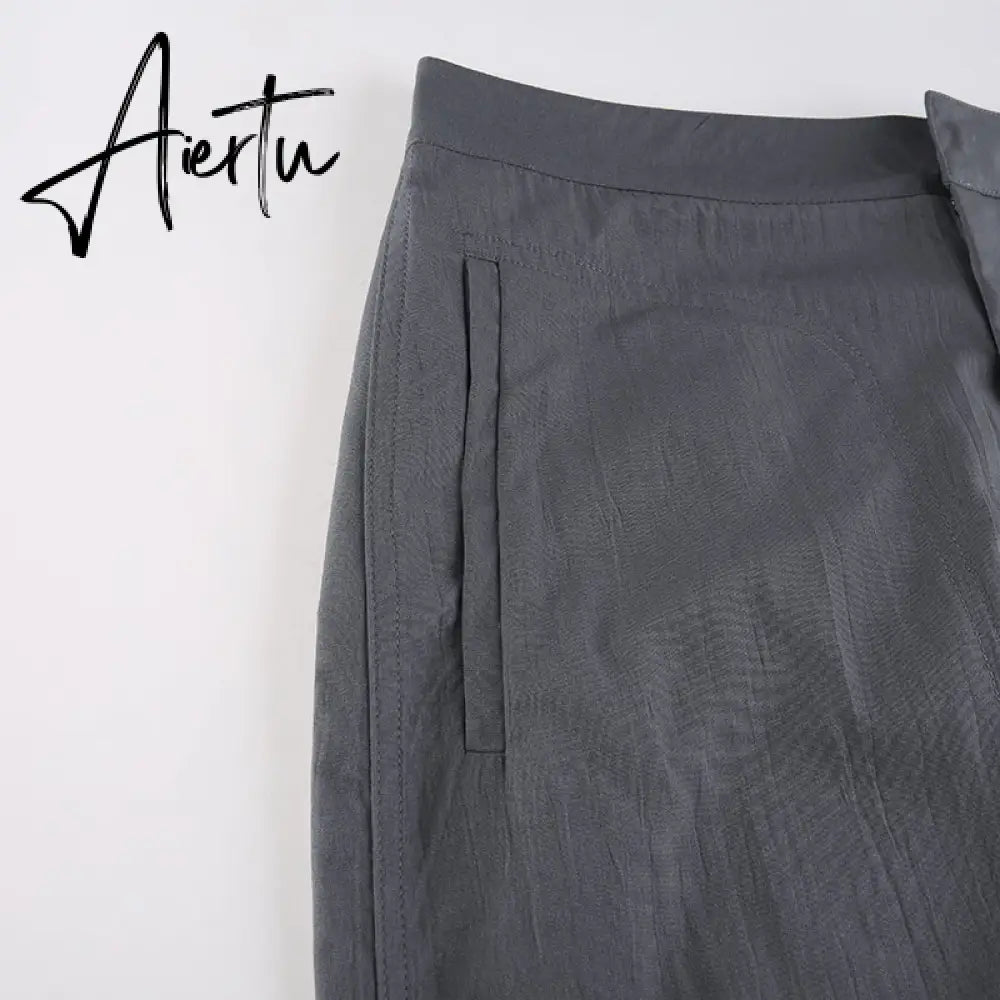 Aiertu Gray Casual Baggy Loose Size Cargo Skirts Womens Big Pockets Streetwear Drawstring Hem Low Waist Hippie Long Skirt Y2K Aiertu