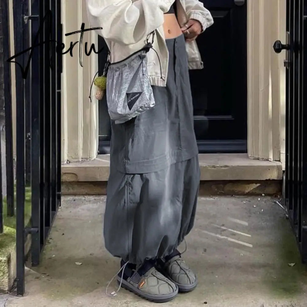 Aiertu Gray Casual Baggy Loose Size Cargo Skirts Womens Big Pockets Streetwear Drawstring Hem Low Waist Hippie Long Skirt Y2K Aiertu