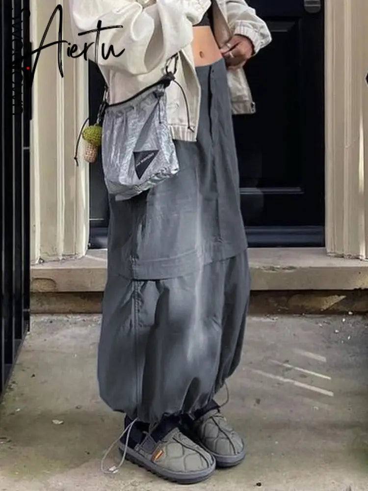 Aiertu Gray Casual Baggy Loose Size Cargo Skirts Womens Big Pockets Streetwear Drawstring Hem Low Waist Hippie Long Skirt Y2K Aiertu