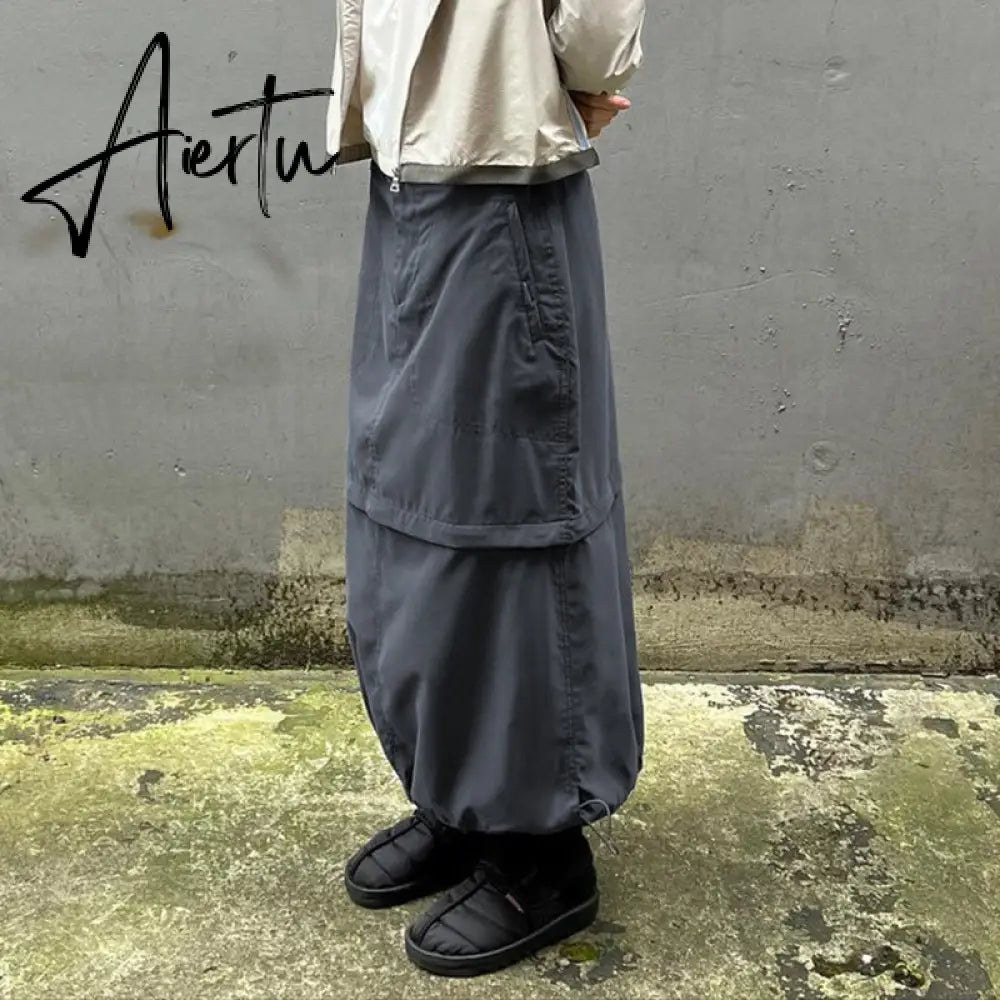 Aiertu Gray Casual Baggy Loose Size Cargo Skirts Womens Big Pockets Streetwear Drawstring Hem Low Waist Hippie Long Skirt Y2K Aiertu