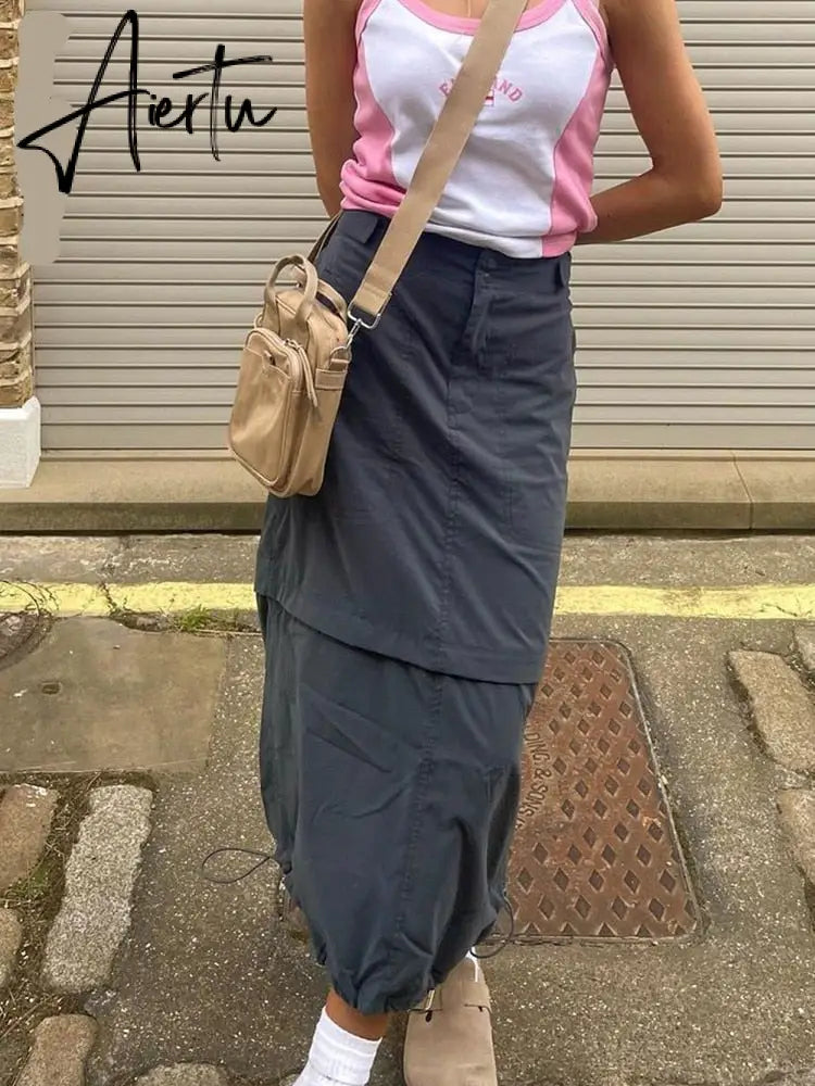 Aiertu Gray Casual Baggy Loose Size Cargo Skirts Womens Big Pockets Streetwear Drawstring Hem Low Waist Hippie Long Skirt Y2K Aiertu